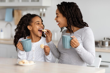 Obraz na płótnie Canvas Happy black mom feeding her kid with cookies