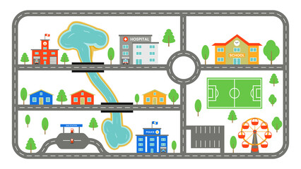 Map with roads in the city. Children road for toy cars with buildings on a white background. Urban architecture. Horizontal. Vector flat style