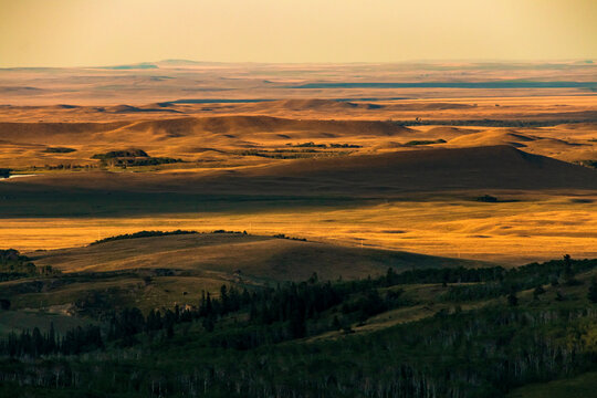 sunset illuminating the golden yellow open plains  in the Blackfeet reservation in Montana.