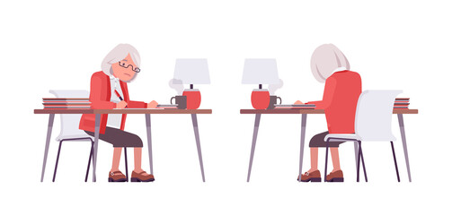 Old teacher, female senior professor, university, tutor working at desk. Experienced elderly master, aged supervisor. Vector flat style cartoon illustration isolated, white background, front, rear