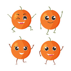Kawaii cartoon orange with different emotions and facial expression. Cute faces isolated on white background. Flat style, vector illustration