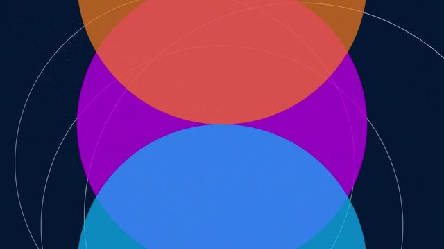 Animation of overlapping translucent blue, purple and orange circles moving on black