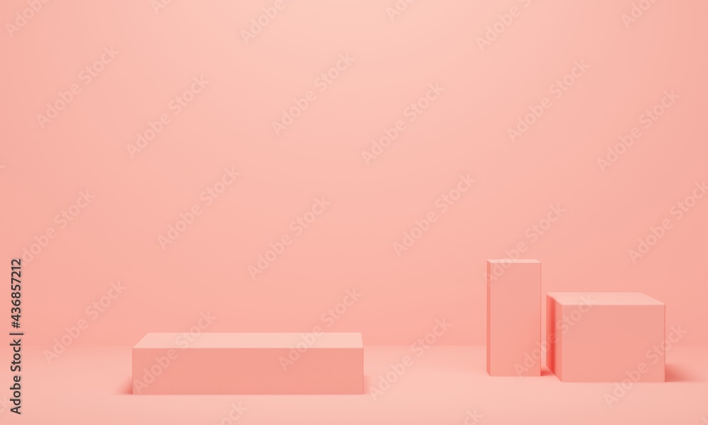 Poster rectangular and cube podium on pink background. 3d rendering