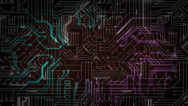 Animation of data processing on glowing computer circuit board