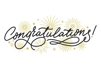 Congrats lettering inscription with golden fireworks. Congratulations elegant and festive design for wedding, graduation, anniversary, celebration. Flat style Vector illustration