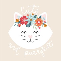 Cute cat face silhouette cartoon vector illustration with floral wreath and lettering. Cute and purrfect calligraphy, Trendy design template for greeting card, print, nursery, baby shower, poster