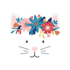 Cute cat face cartoon vector illustration with decorative elements isolated on white. Cat with floral wreath template for textile, greeting card, fashion prints, nursery, Birthday or baby shower party