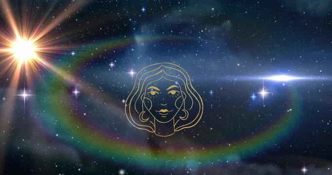 Animation of virgo star sign over universe and glowing stars