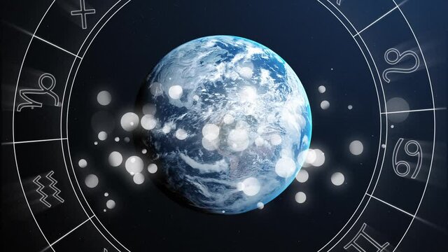 Animation of spinning star sign wheel with planet earth and stars