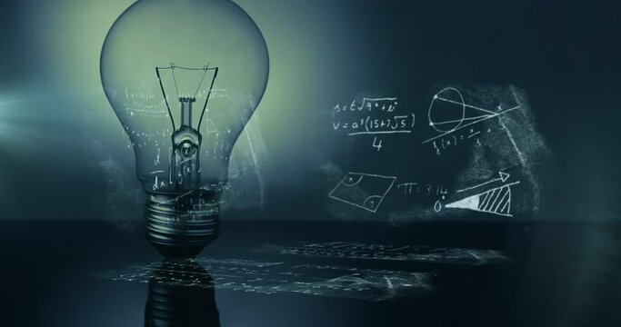 Animation of light bulb with scientific formulae and data processing