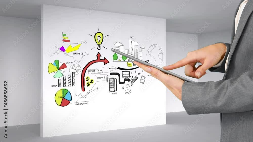 Poster animation of light bulb and digital icons over businessman using tablet in background
