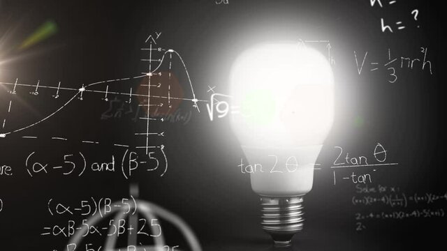 Animation of lit light bulb and scientific formule data processing