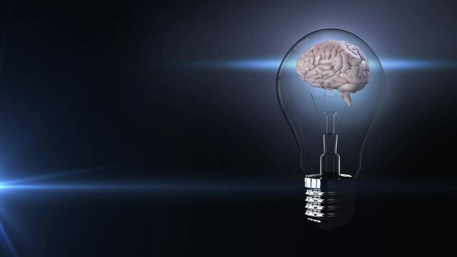 Animation of light bulb with human brain and copy space