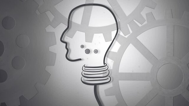 Animation of human brain with cogs working on grey background