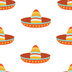 Seamless pattern with Mexican sombrero hat on a white background. Festive design and fiesta. Decoration with ethnic ornament. Vector illustration for fabric, texture, wallpaper, posters, postcards.
