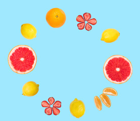 Fruit mix of isolated fruits on a blue background