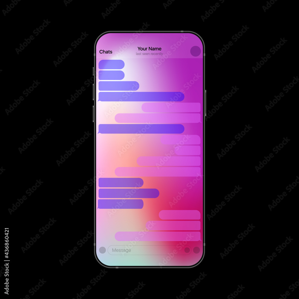 Poster gradient colorful messenger interface on smartphone. mobile texting app realistic ui. vector illustr