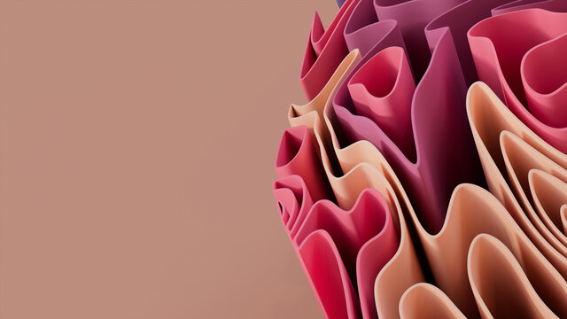 Pink and Peach 3D Undulating lines form a Multicolored abstract wallpaper. 3D Render with copy-space. 