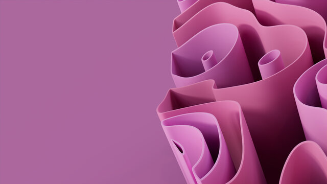 Abstract wallpaper made of Pink 3D Ribbons. Colorful 3D Render with copy-space.  
