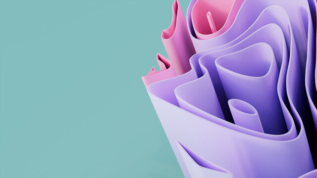Purple and Aqua 3D Waves form a Multicolored abstract wallpaper. 3D Render with copy-space. 