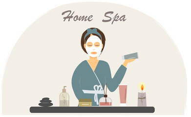Pretty woman making spa procedures at home, spa at home concept, preparing home mask for face, flat vector illustration