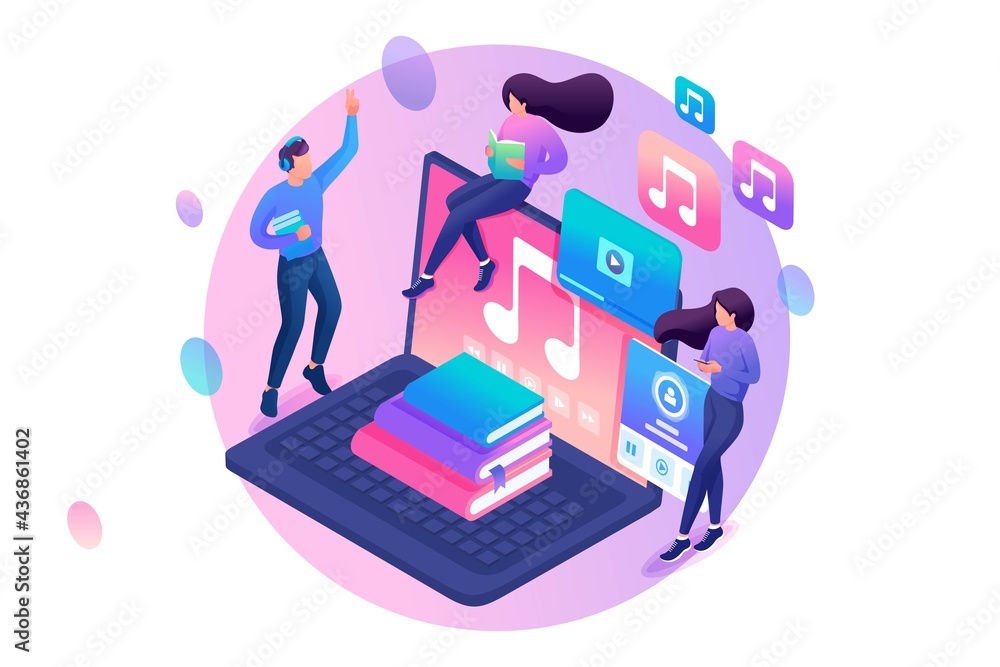 Poster isometry web design template. online learning class, students go online from different devices. vect