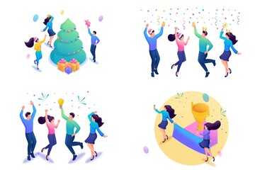 Set Web Design Isometry. Templates. Team Celebrating a Success. Vector Illustration