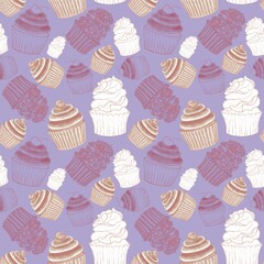 Stylish purple seamless pattern of linear illustrations of brown cupcakes with hatching, on a white background