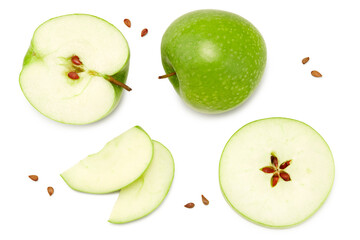 green apple with slices isolated on a white background. top view. clipping path