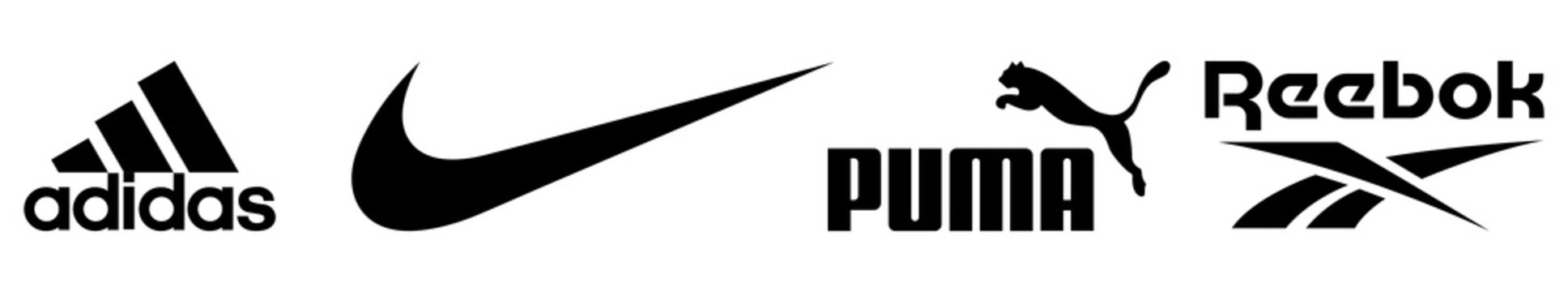 Vinnytsia, Ukraine - May 30, 2021: Set of popular sportswear manufactures logos. Adidas, Nike, Puma and Reebok logos. Editorial vector