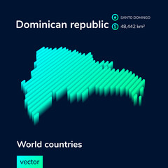 Vector digital neon isometric striped contour Dominican republic map with information about country. Geographical poster, banner of Dominican republic