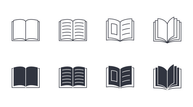 Open book vector icons. Editable stroke. Magazine brochure storytelling reading. School knowledge study Bible. Stock line illustration