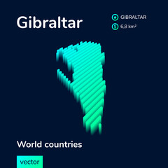 Stylized striped vector isometric 3d map of Gibraltar. Map of Gibraltar is in neon green and mint colors on the dark blue background