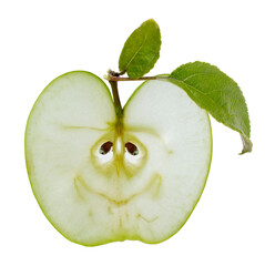 A slice of apple in the form of a smile. Isolated on white. Joke.