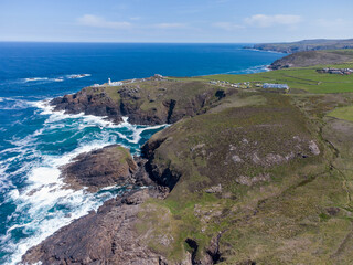 Pendeen lighthouse aerial drone cornwall england uk penwith