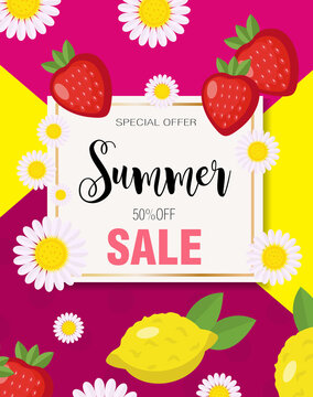 Summer sale poster background with beautiful yellow lemons. Vector summertime concept. Special offer promotion template for your design