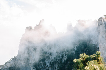 View of Mount Ai-petri in the fog. Crimea Peninsula, Russia