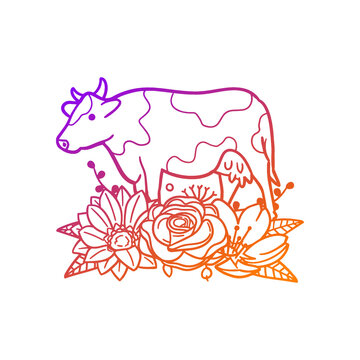 Cow Rose Flower with Vintage Animal Design. Farm Floral frame ornament vector style. Decoration Design Wreath illustration.