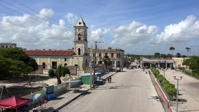 Central square with the old church in the Caibarien. Villa Clara, Cuba