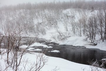 Whinter river in snow, branch in hoar