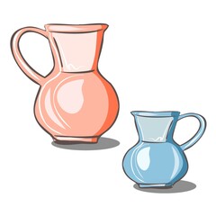 Ceramic earthenware jugs in pink and blue. Kitchenware. A vessel for water, milk, drinks. Vector isolated objects.