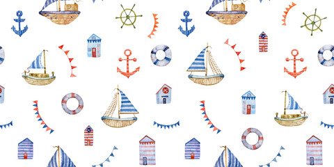 Fototapeta na wymiar Watercolor seamless hand drawn nautical pattern with vessels, ships, sailboat, anchors, wheel , lifebuoys, coastal houses, garlands of flags. Cute sea background for boys isolated on white background.