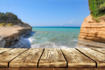 Desk of free space for your decoration and summer beach landscape 