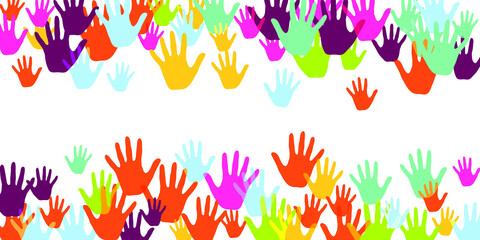 Cheerful kids handprints nursery games concept background design. Child paint hand prints