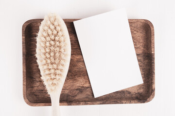 Blank portrait mock-up paper. brochure magazine isolated on brown wooden, changeable background / white paper isolated on wood