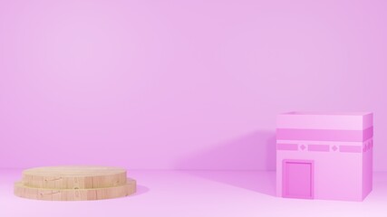 Islamic greeting card design background, with kaaba building and wooden podium on a pink background, suitable for Islamic and Eid al-Adha banners, 3d background renderings