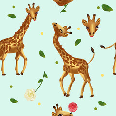 Cute Tropical giraffe seamless pattern. Pattern with wild animals, Head Giraffe, flower, leaf. 3d Vector illustration