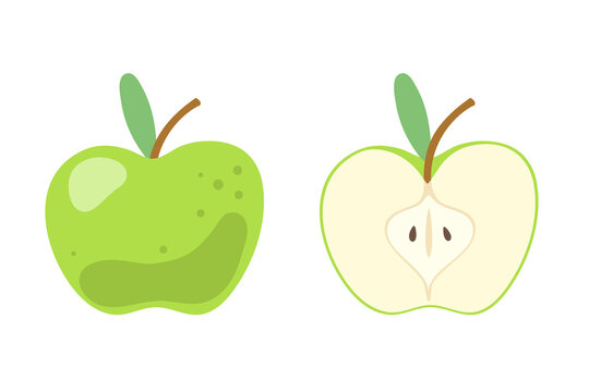 Cute green apple, whole and cut. Fruit symbol. Vector illustration in flat cartoon style isolated on white background