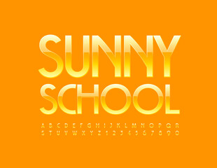 Vector bright concept Sunny School. Yellow modern Font. Glossy Alphabet Letters and Numbers set