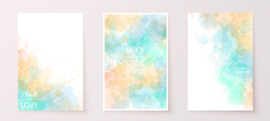 Watercolor effect vector stains. Grunge splatter backgrounds set. Paint stains. Watercolor splatter posters, wall art or greeting cards. Grunge pastel green orange colors paint drops.
